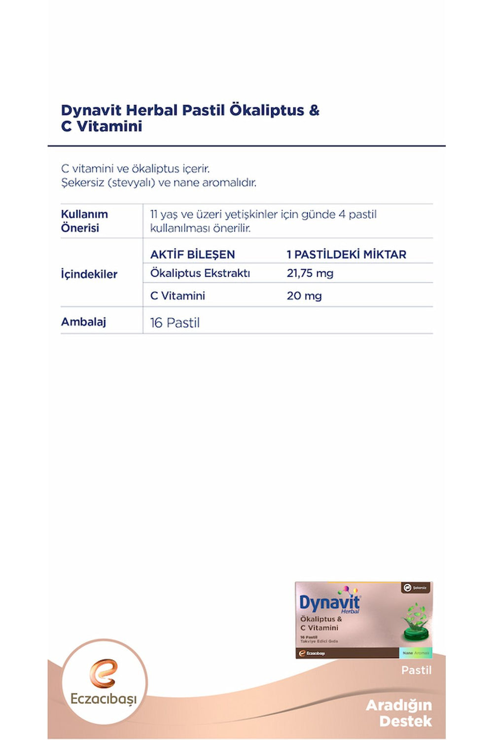 Dynavit Herbal Ökaliptus & C Vitamini 16 Pastil