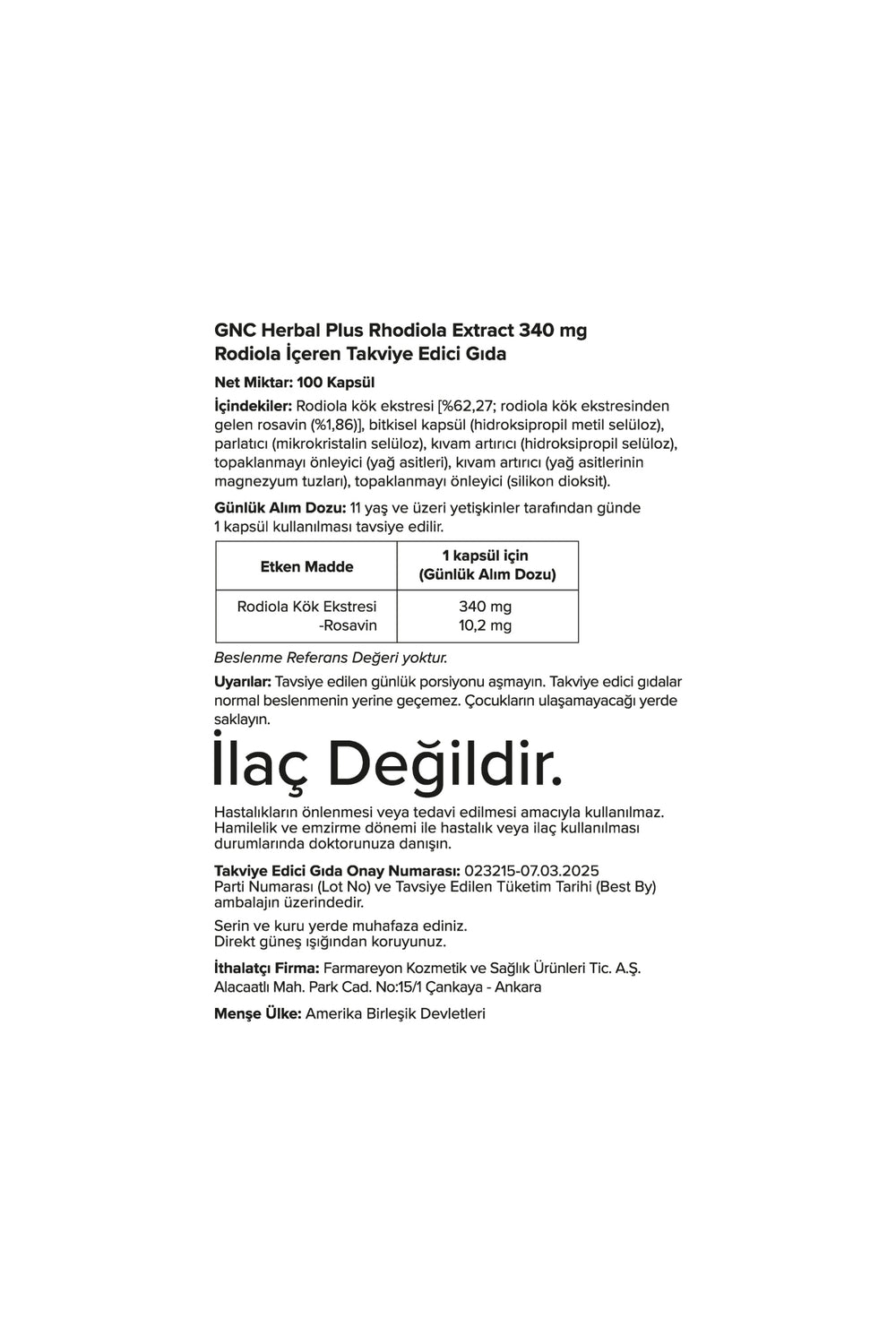 GNC Herbal Plus Rhodiola Extract 340 mg 100 Kapsül