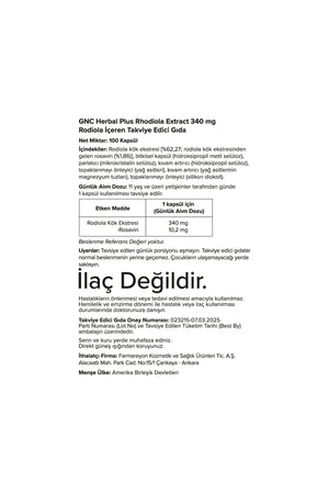 GNC Herbal Plus Rhodiola Extract 340 mg 100 Kapsül