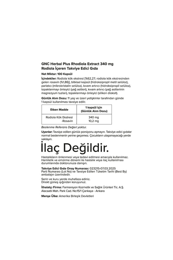 GNC Herbal Plus Rhodiola Extract 340 mg 100 Kapsül