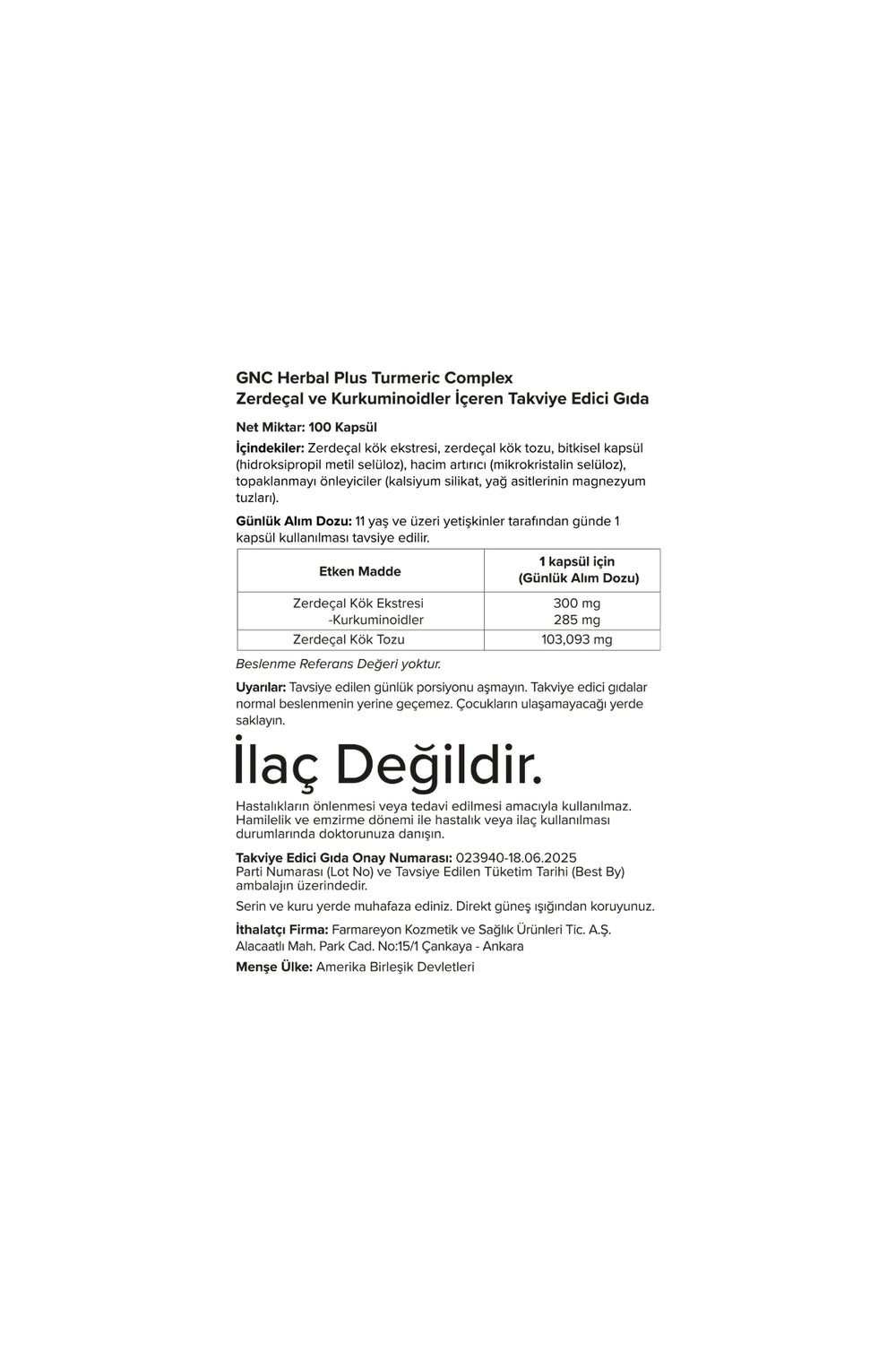 GNC Herbal Plus Turmeric Complex 100 Kapsül