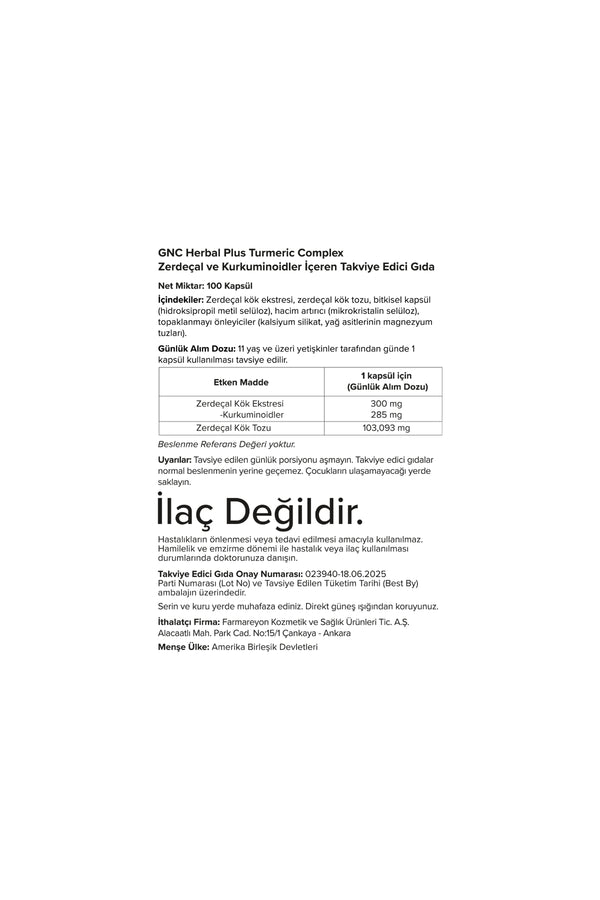 GNC Herbal Plus Turmeric Complex 100 Kapsül