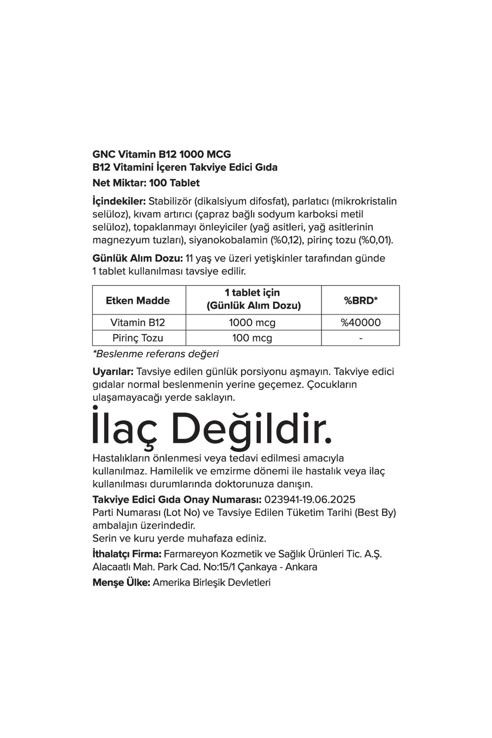 GNC Vitamin B12 1000 mcg 100 Tablet