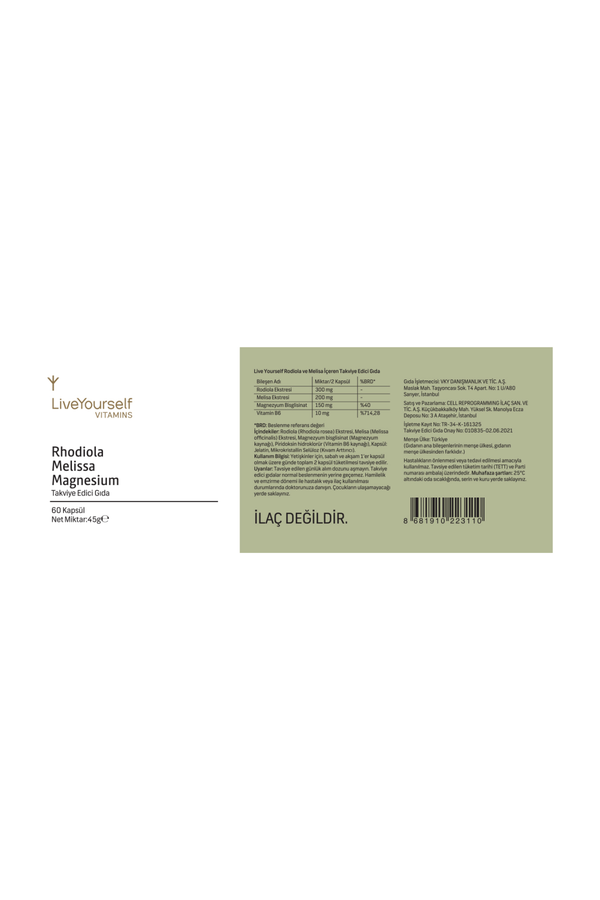 LiveYourself Rhodiola Melissa Magnesium 60 Kapsül