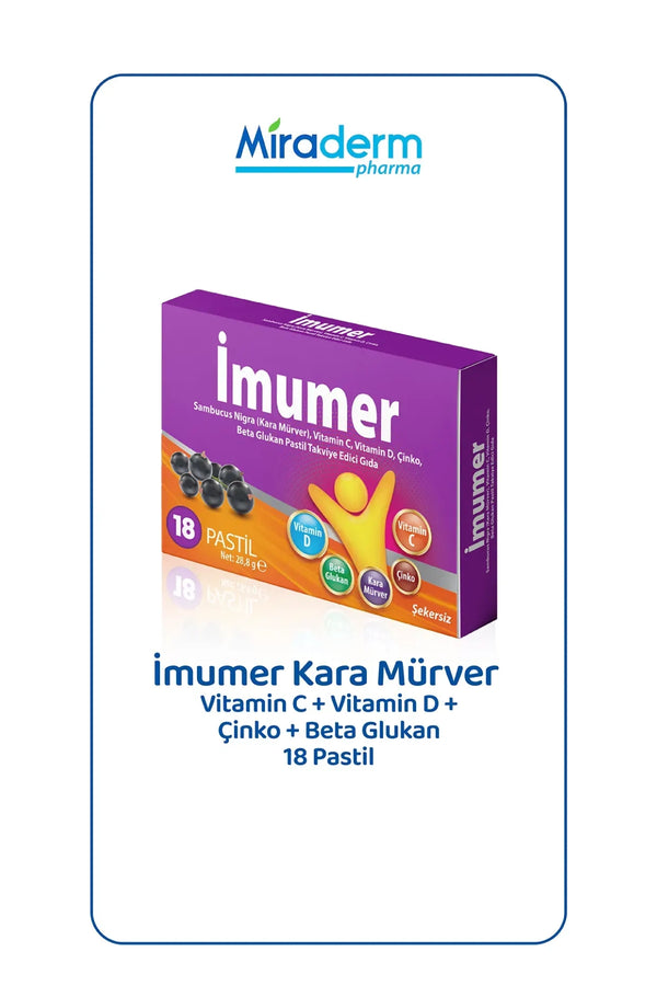 Miraderm İmmumer Kara Mürver Vitamin C + Vitamin D + Çinko + Beta Glukan 18 Pastil