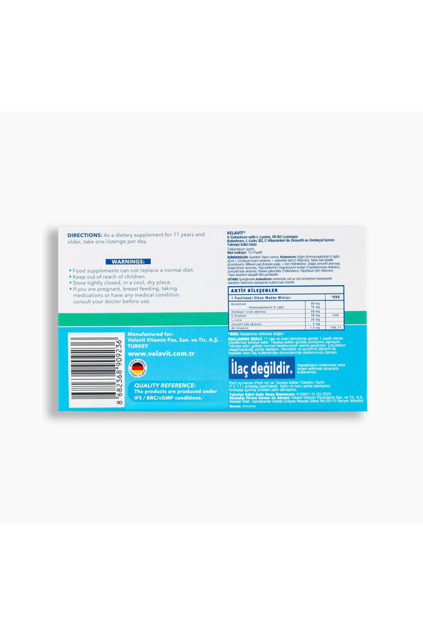 Velavit V-Colostrum with L-Lysine, Vit B2 Lozenges 15 Pastil
