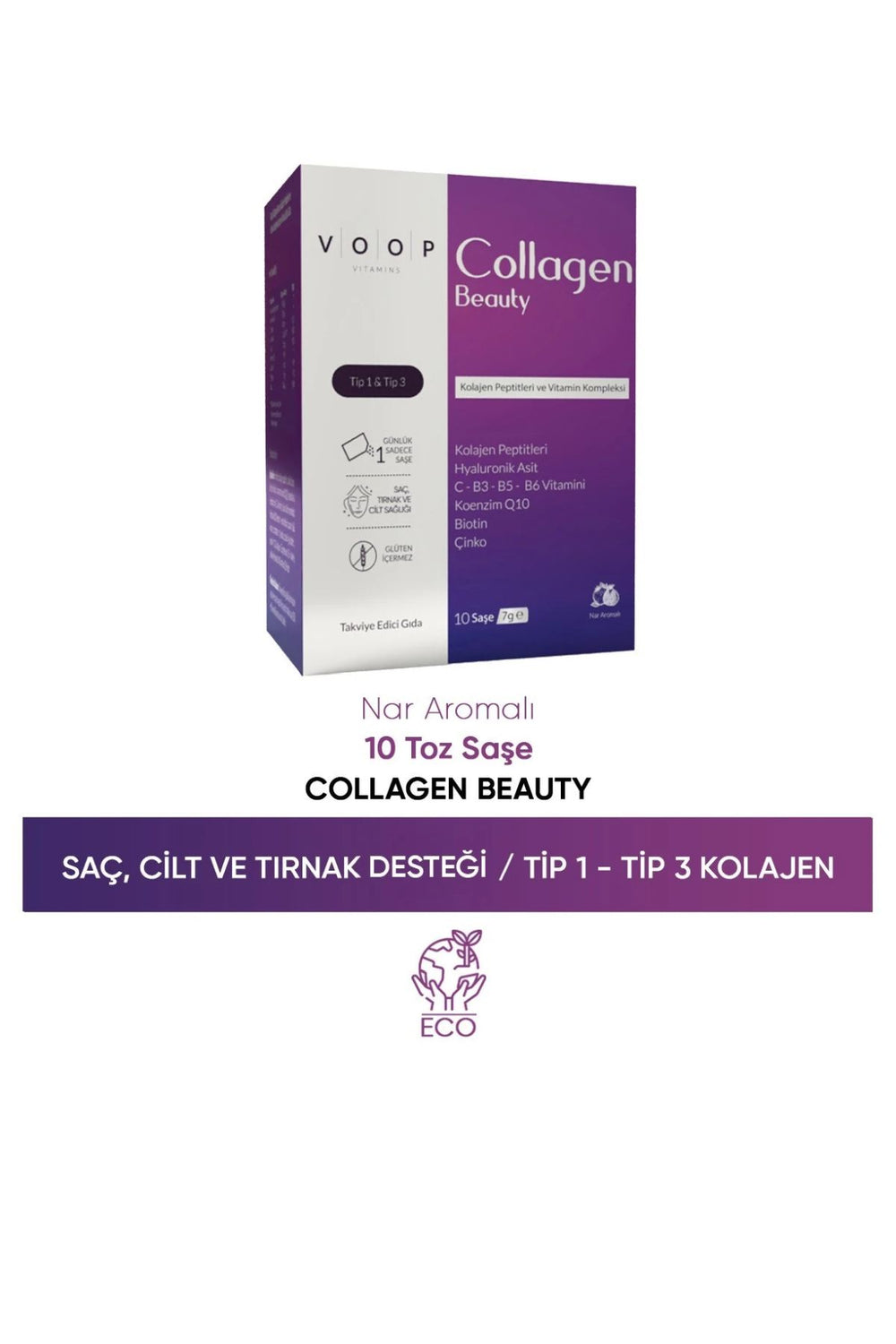Voop Collagen Beauty Yüksek Biyoaktif Hidrolize Tip I & Tip III Kolajen 10 Saşe