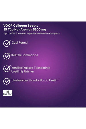 Voop Collagen Beauty Yüksek Biyoaktif Hidrolize Tip I & Tip III Kolajen 15 Tüp