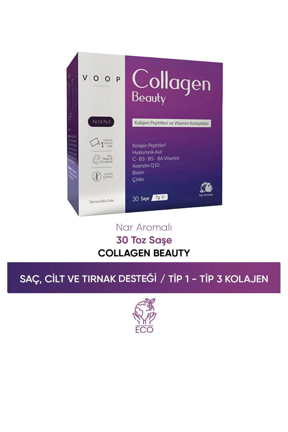 Voop Collagen Beauty Yüksek Biyoaktif Hidrolize Tip I & Tip III Kolajen 30 Saşe