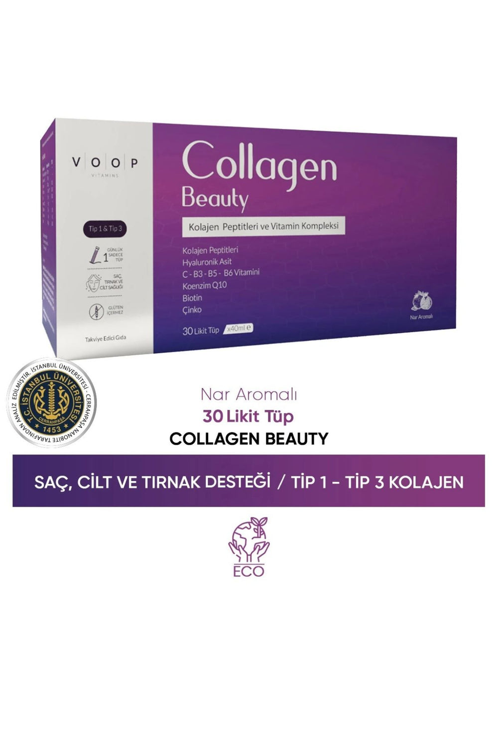 Voop Collagen Beauty Yüksek Biyoaktif Hidrolize Tip I & Tip III Kolajen 30 Tüp