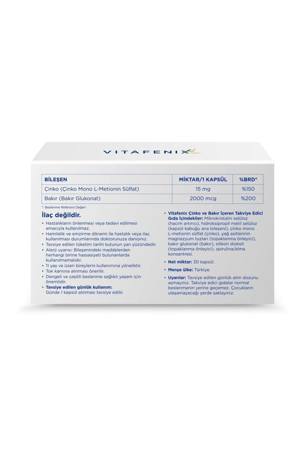 Vitafenix Çinko ve Bakır 30 Kapsül